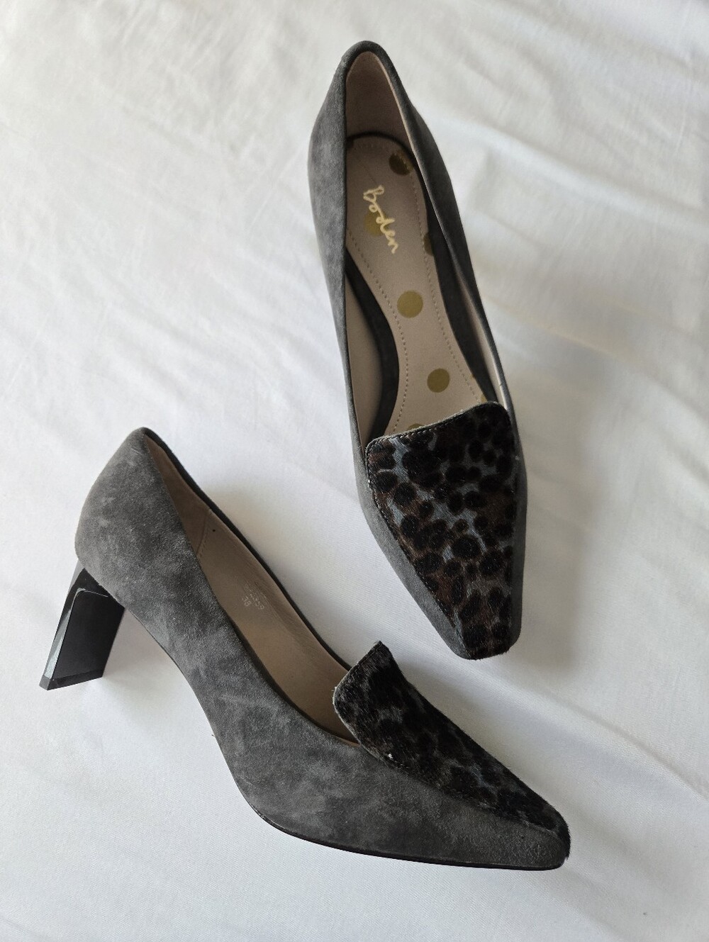 NWOT Boden Amber Gray Leopard Calf Hair Heels Size 7.5